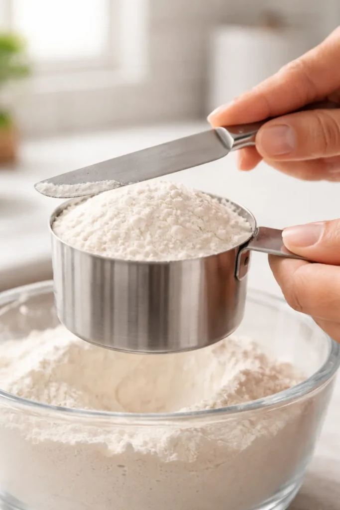 Close-up of leveled flour in measuring cup with flat edge