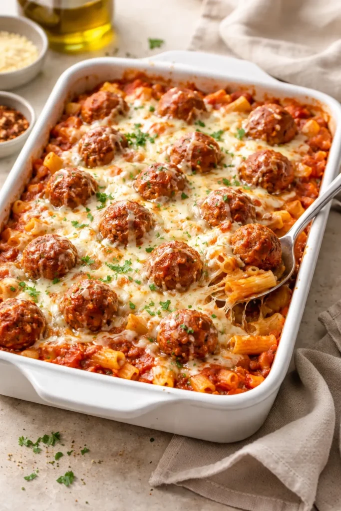 Cheesy meatball pasta bake with meatballs and melted mozzarella in a baking dish