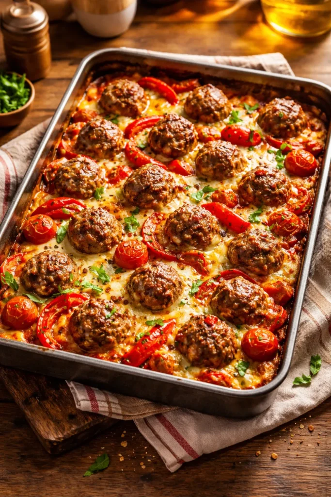 Meatballs and peppers on a tray with melted mozzarella