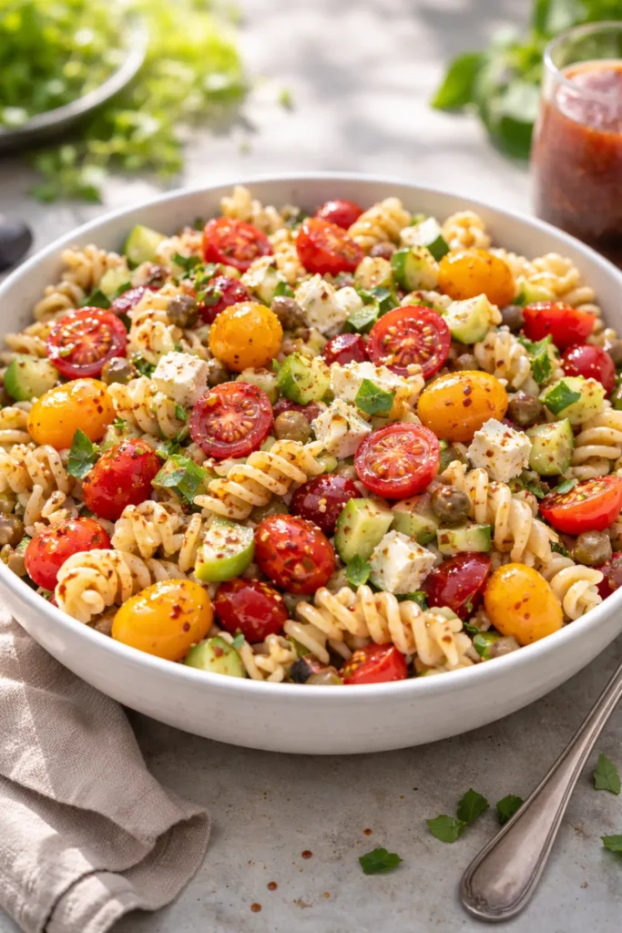 Vibrant Mediterranean Pasta Salad with capers, feta, and tomatoes in a homemade red wine vinegar dressing