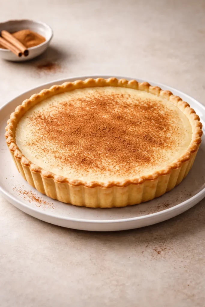 Milk tart with cinnamon dusting on plate