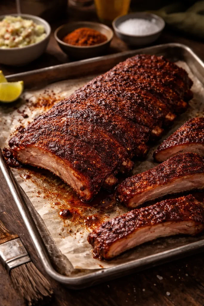 Close-up of dry-rubbed Memphis-style spare ribs with crusty spice bark