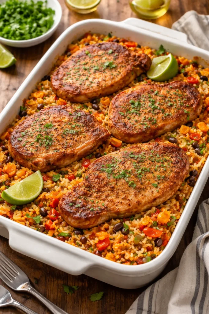 Pork chops over Mexican rice with peppers in a baking dish