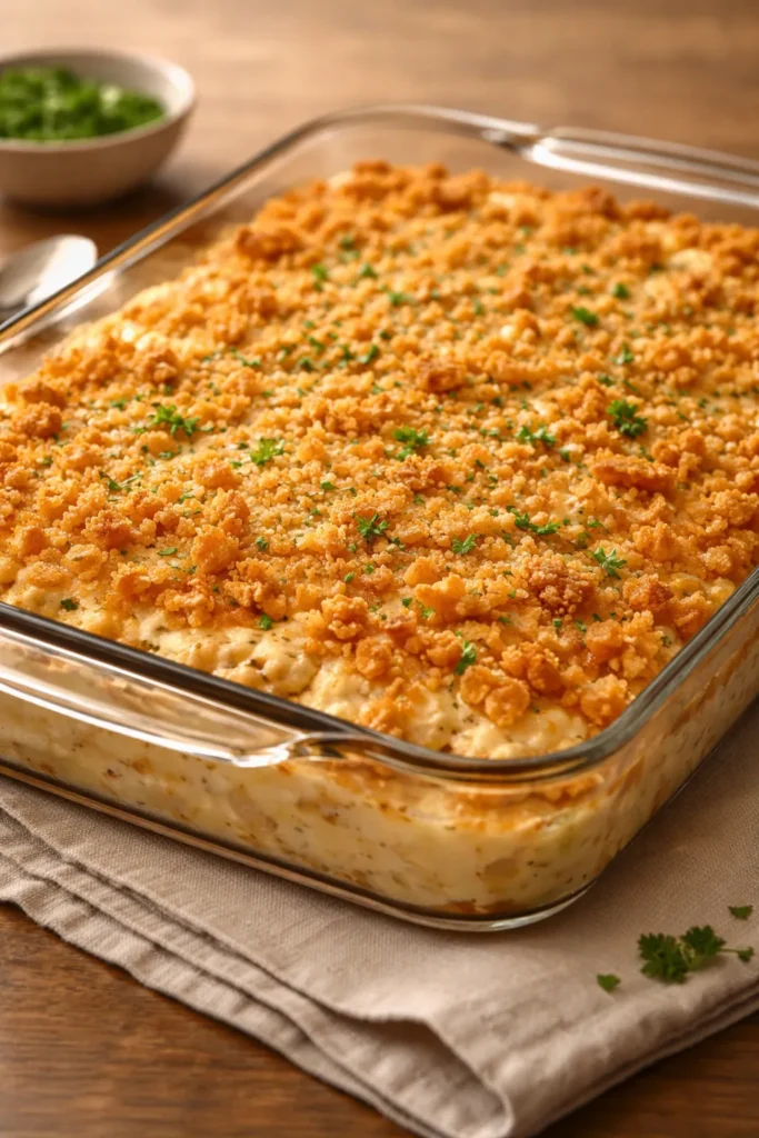 Million Dollar Chicken Casserole in a baking dish with creamy texture