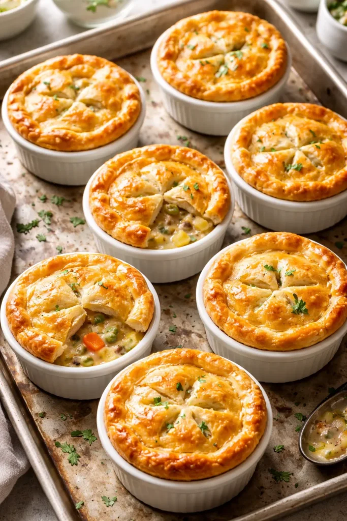 Set of mini chicken pot pies in ramekins on a baking sheet