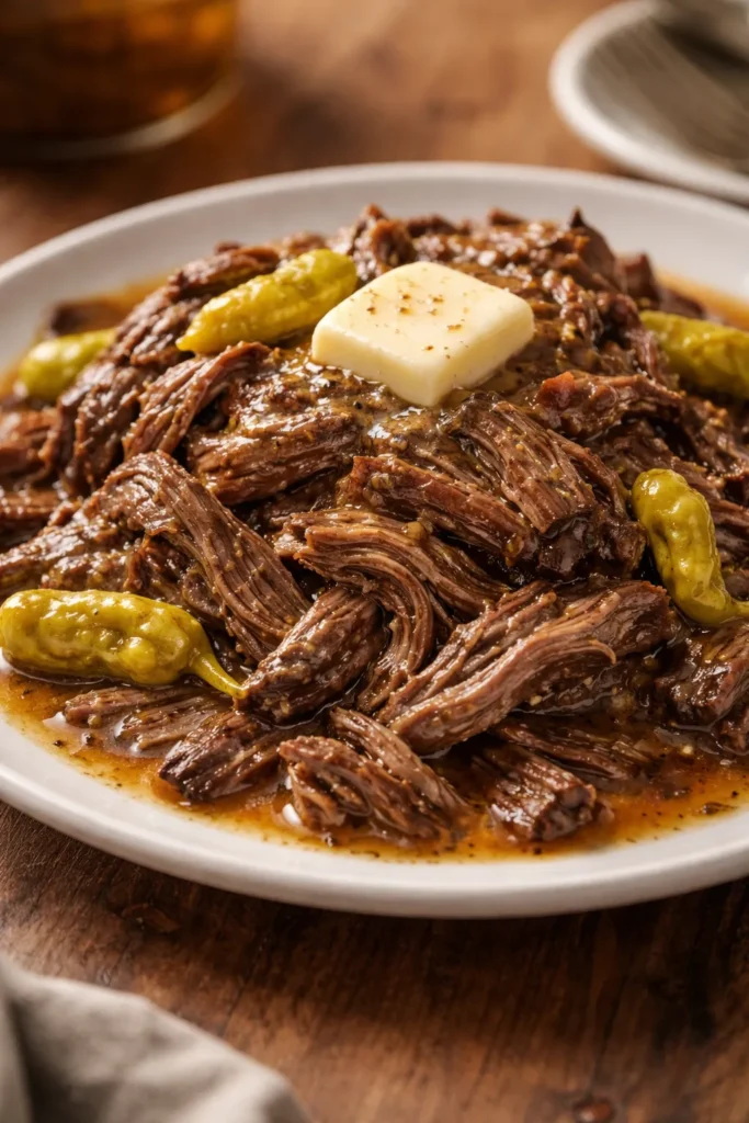 Mississippi pot roast shredded beef with pepperoncini on plate