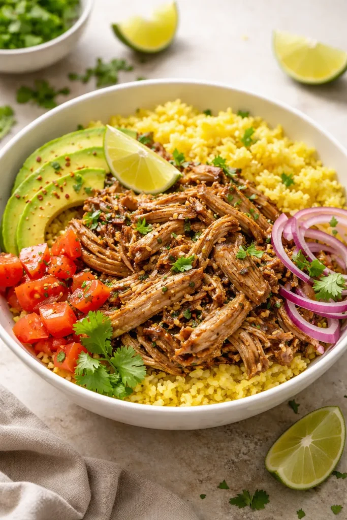Mojo pulled pork over yellow cauliflower rice in a bowl