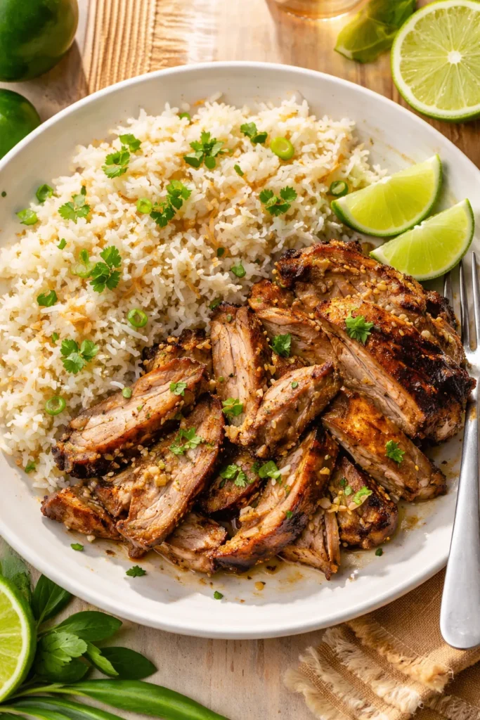Mojo pork with coconut rice on a plate