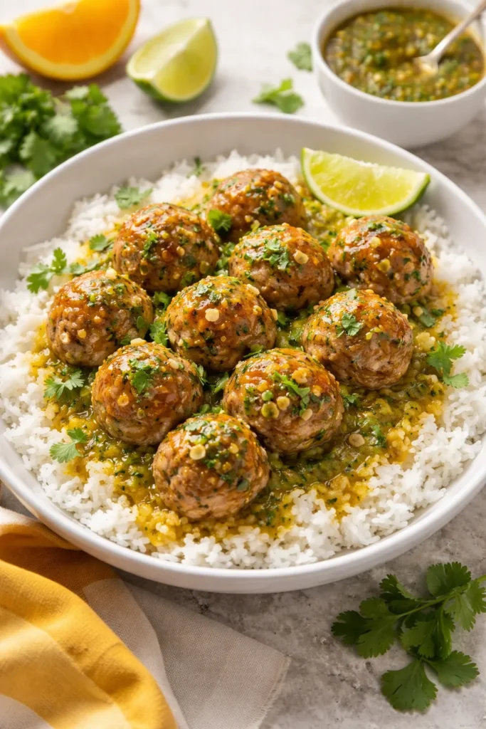 Mojo pork meatballs with citrus sauce over white rice