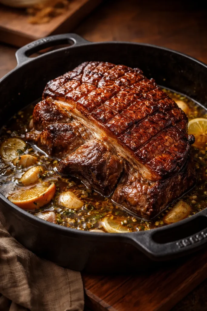 Pork roast with crispy fat cap in a braising dish