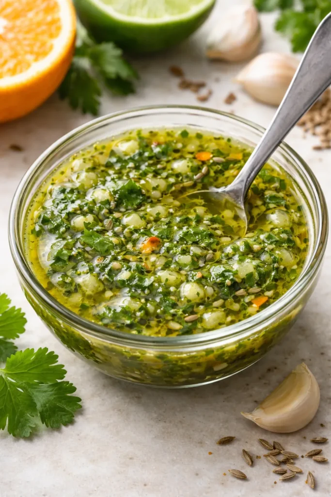 Bright green mojo sauce with herb flecks in a glass bowl