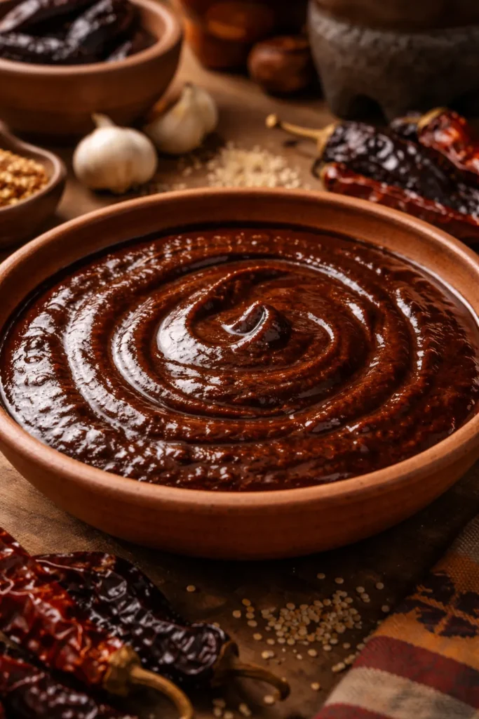 Glossy mole negro sauce in a shallow ceramic bowl.