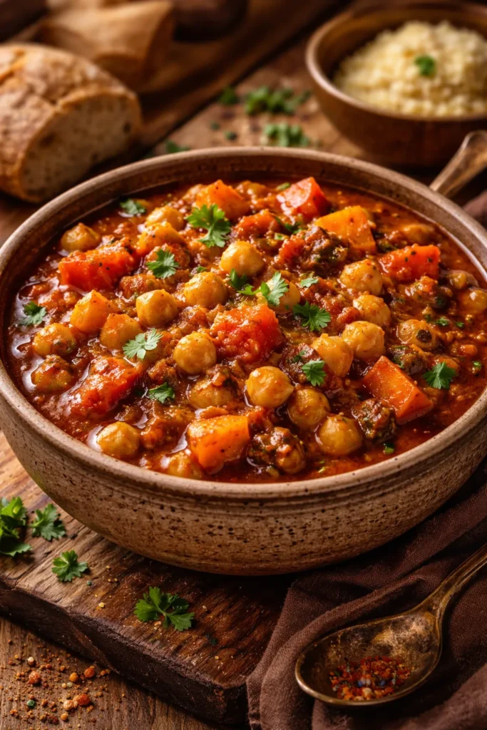 Rustic bowl of Moroccan chickpea and vegetable stew with chickpeas and carrots in a spiced tomato sauce