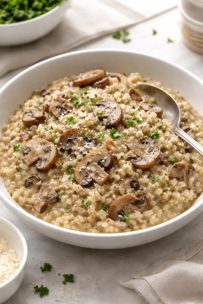 Creamy mushroom risotto in a white bowl with mushrooms