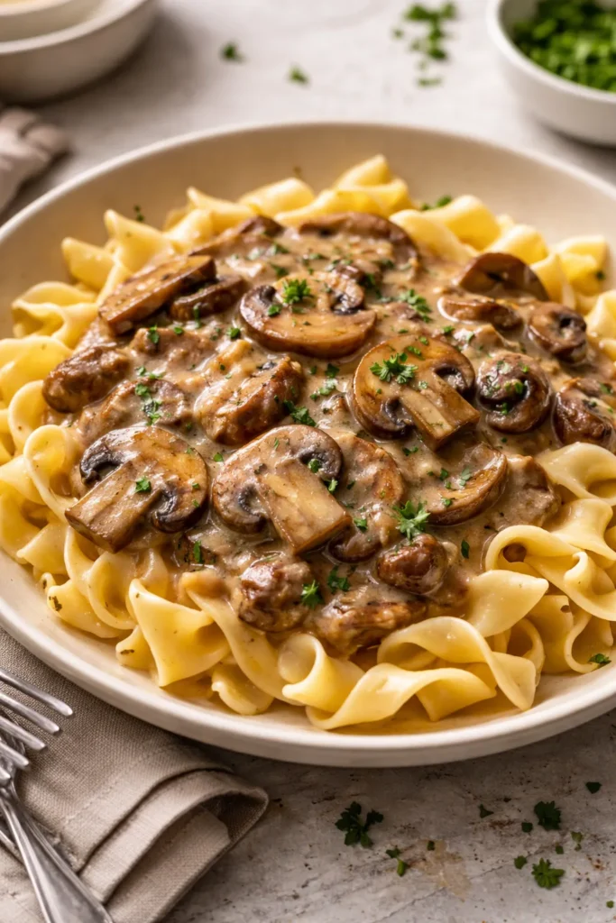 Creamy mushroom stroganoff over pasta in a bowl