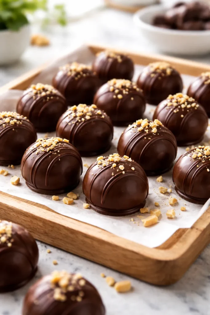 Close-up of chocolate peanut butter bites on parchment on a wooden kitchen counter