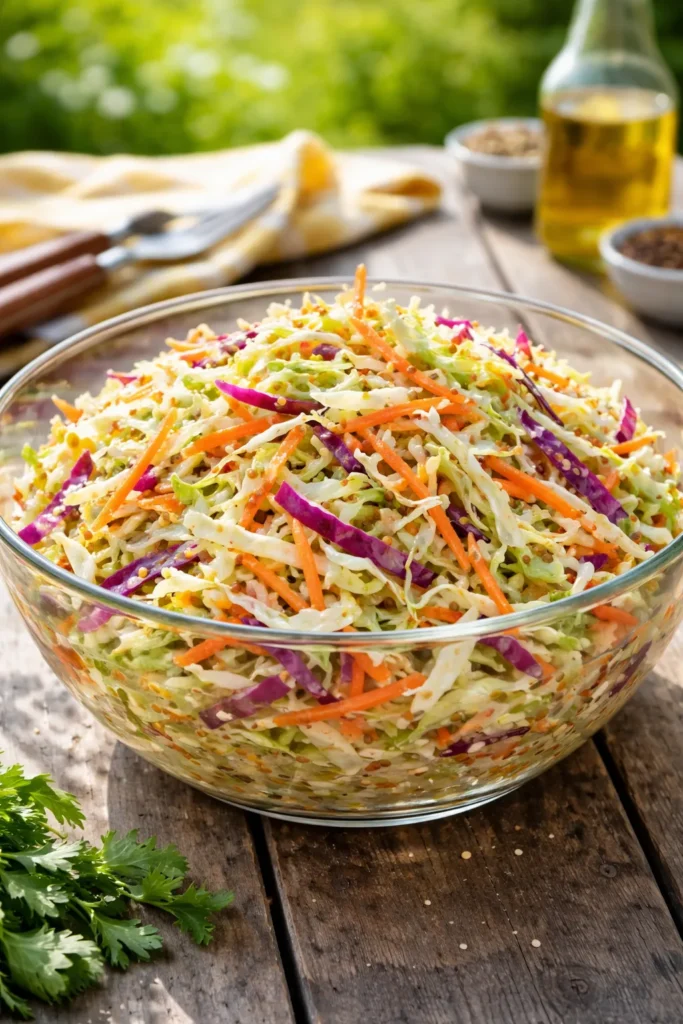 Tangy no-mayo coleslaw in a glass bowl with crisp cabbage and carrots