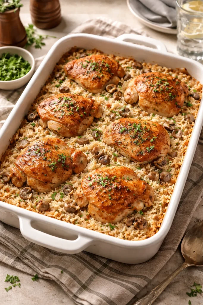 No-Peek chicken and rice casserole in a baking dish with chicken on top of rice in creamy sauce