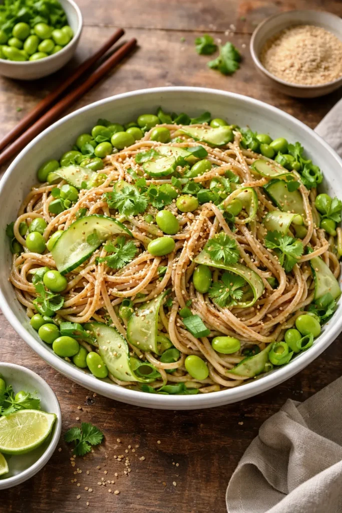 Noodle salad with edamame and cucumber in a bowl