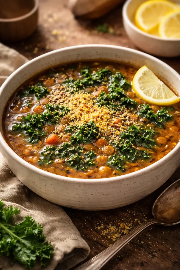 Lentil kale soup with nutritional yeast and lemon finish in a bowl