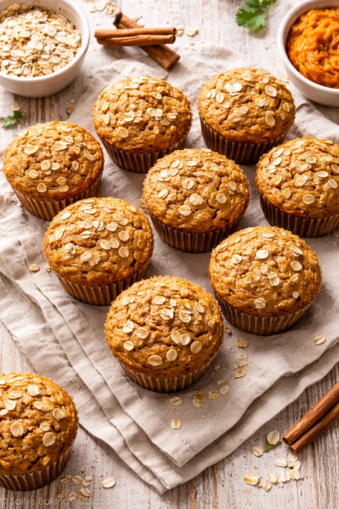 Hearty pumpkin oatmeal muffins topped with rolled oats on a linen towel