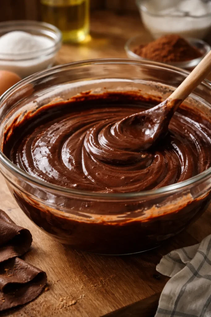Close-up of glossy chocolate batter in a single mixing bowl