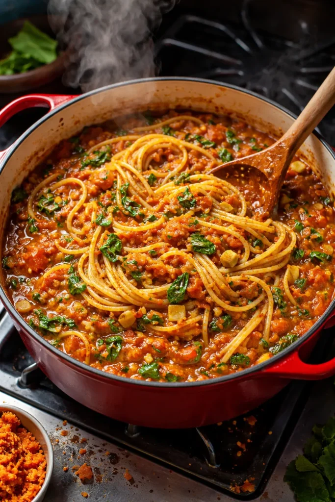 One-pot pasta in tomato sauce with visible bits of carrot and greens