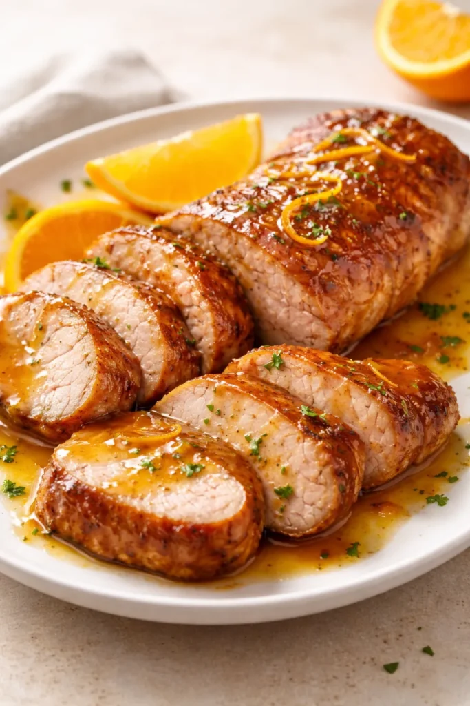 Orange-glazed pork tenderloin medallions on a plate