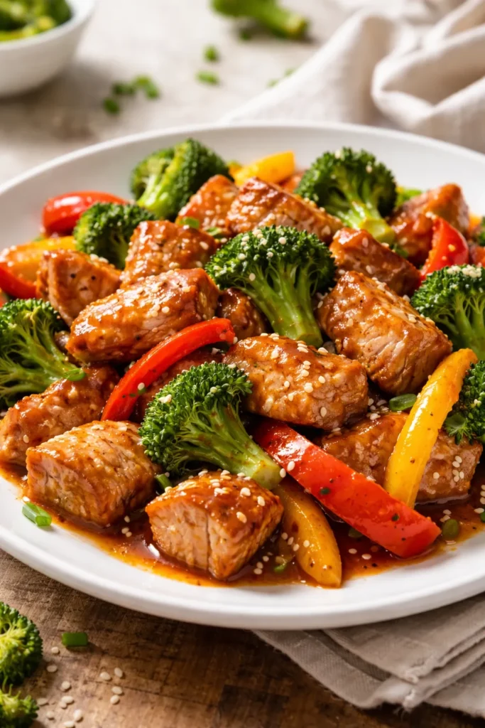 Orange-glazed pork with broccoli and peppers on plate