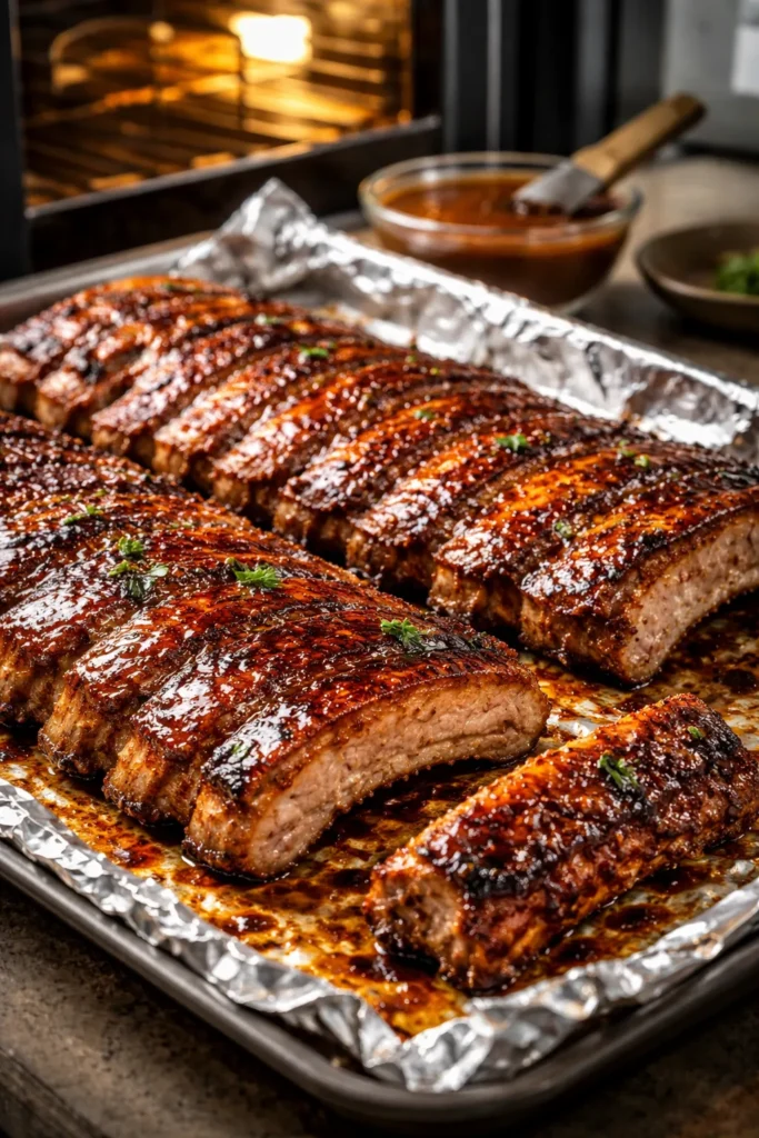 Oven-baked baby back ribs with caramelized crust under broiler
