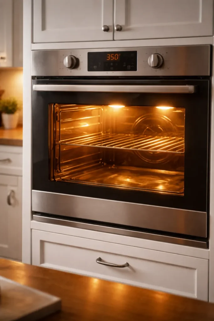Oven glowing warm during preheat in a clean kitchen