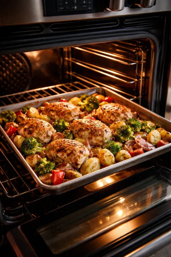 Oven interior with sheet pan roasting vegetables and chicken in warm light