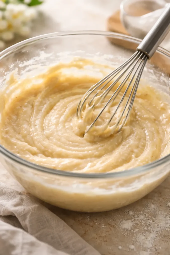 Batter with minimal mixing in glass bowl and whisk resting