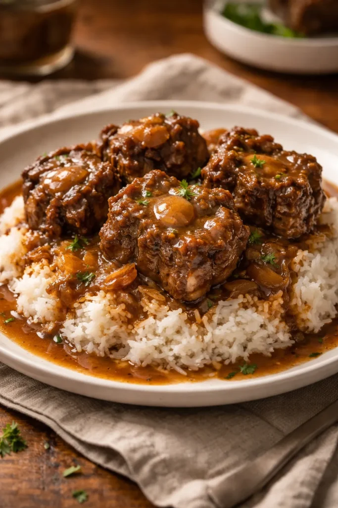 Braised oxtails in brown gravy over white rice on a plate