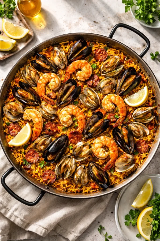 Spanish paella with saffron rice and seafood in a wide pan