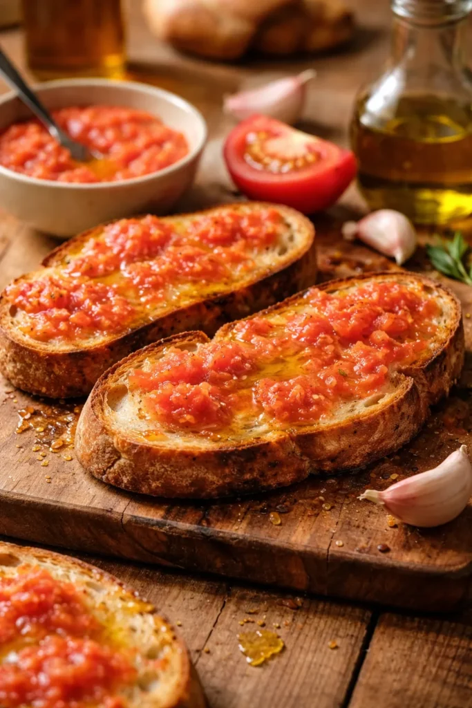 Toast with grated tomato pulp and olive oil on rustic bread