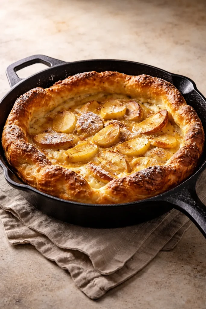 German apple pancake puffing in a cast iron skillet with crisp edges