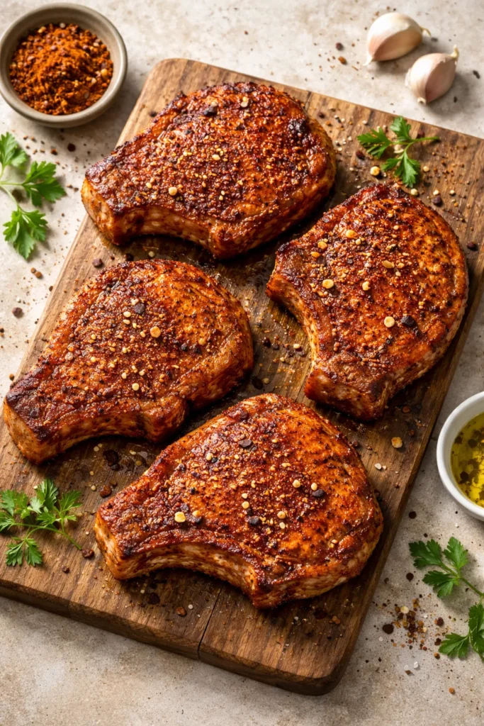 Pork chops with paprika garlic rub on wooden board