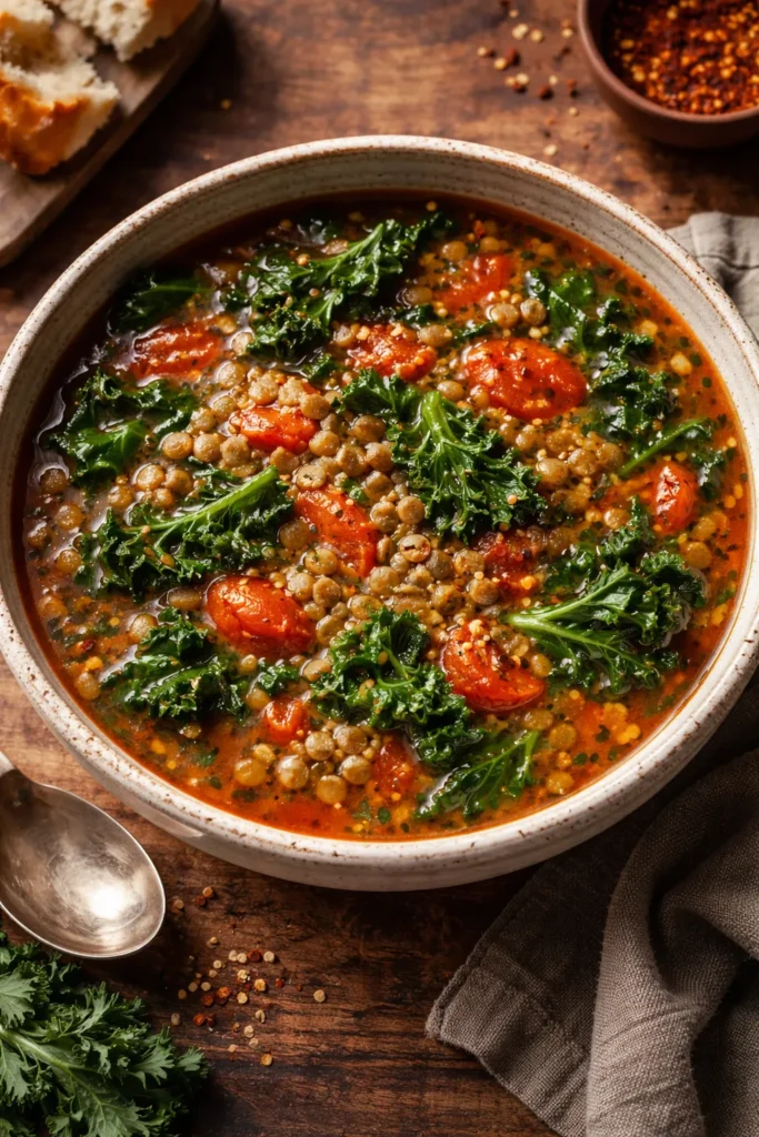 Lentil kale soup with smoked paprika and tomatoes in a bowl