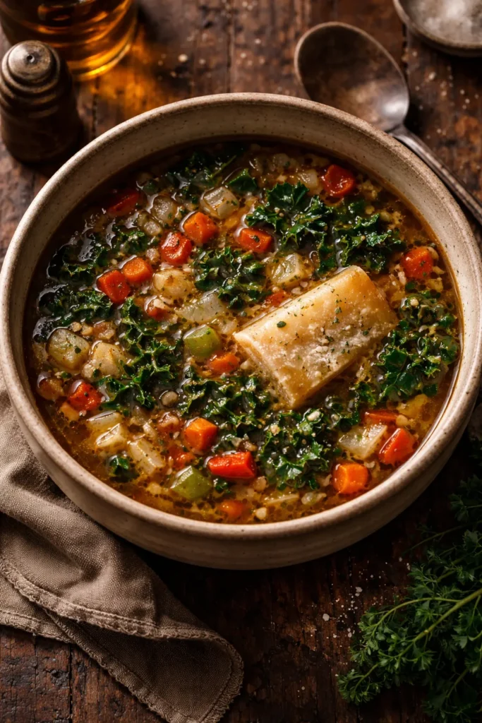 Caramelized vegetable soup with wine and parmesan rind