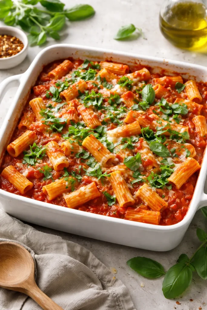 Pasta bake with tomato basil sauce in a baking dish