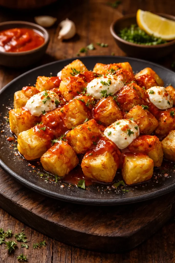 Patatas bravas with smoky paprika sauce and alioli on plate