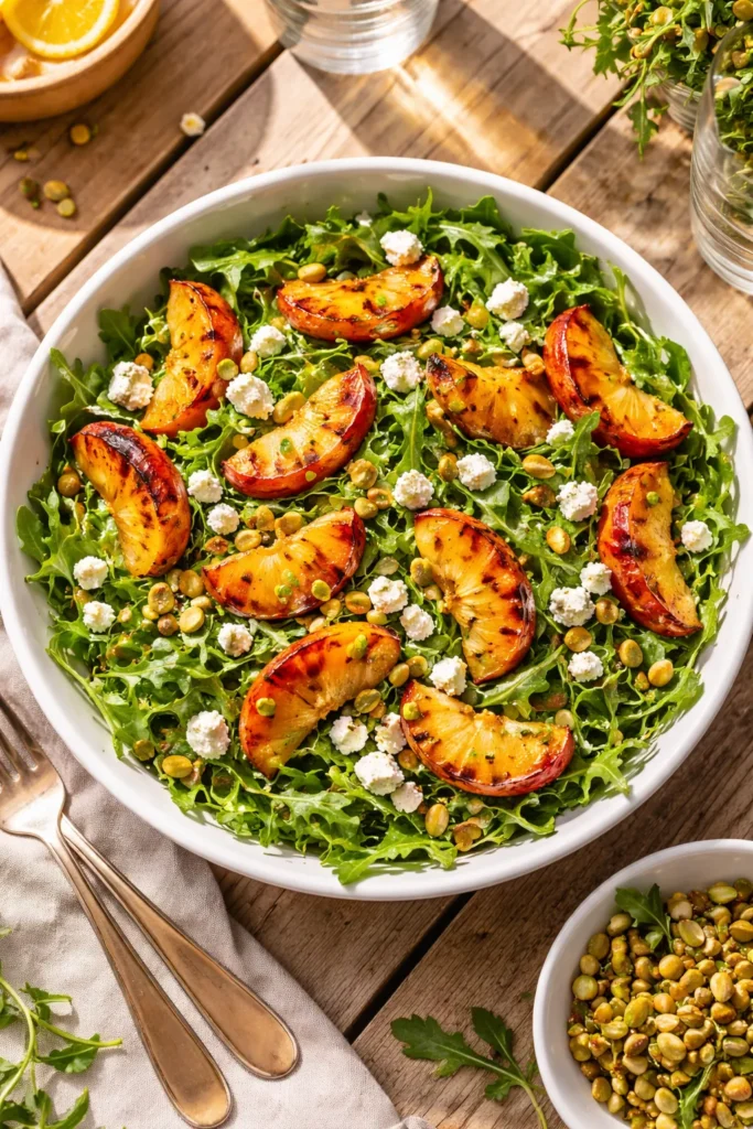 Arugula salad with grilled peaches, feta, and pistachios in a bowl