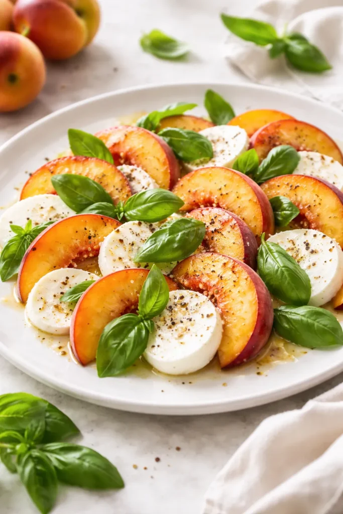 Peach caprese salad with mozzarella and basil on plate