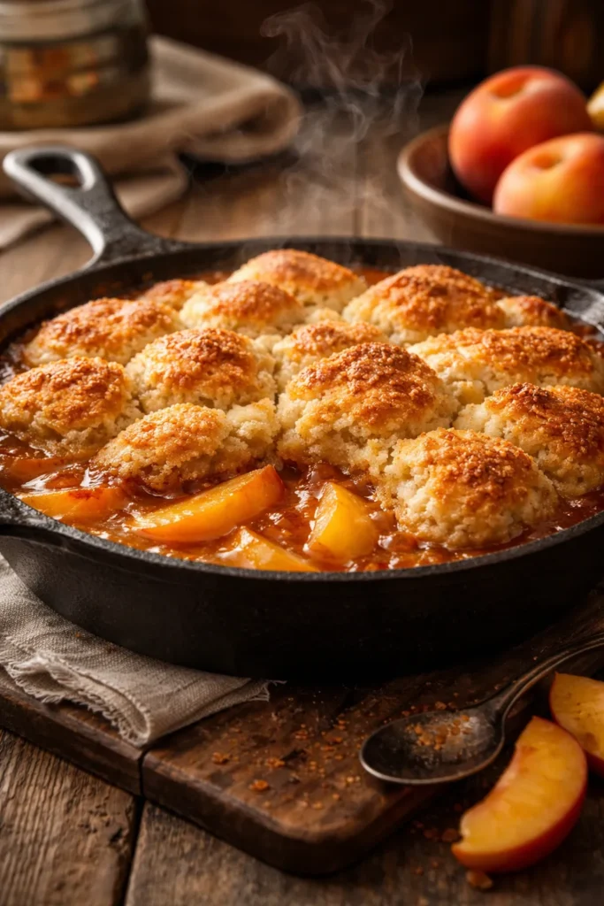 Peach cobbler in cast iron skillet with golden crust