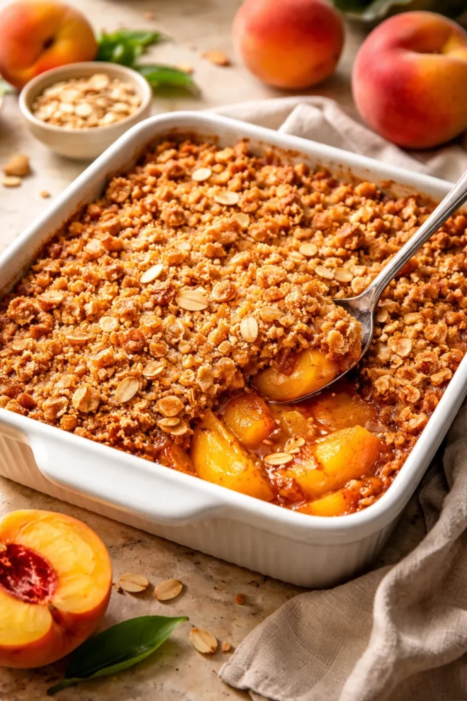 Golden peach crisp with almond crumble in baking dish