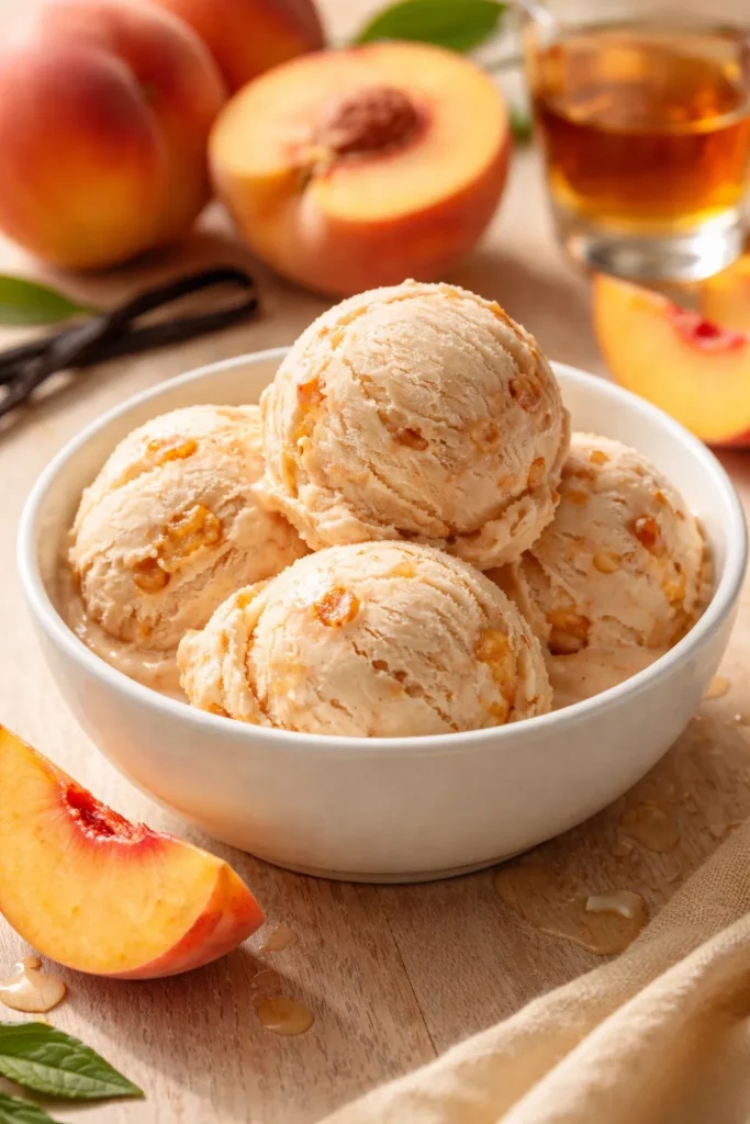 Peach ice cream scoop with roasted peach flecks in a white bowl on wood