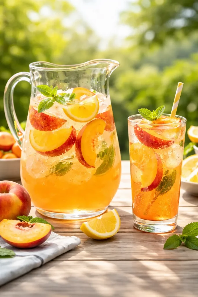 Pitcher of peach lemonade with peach slices on a light wooden table