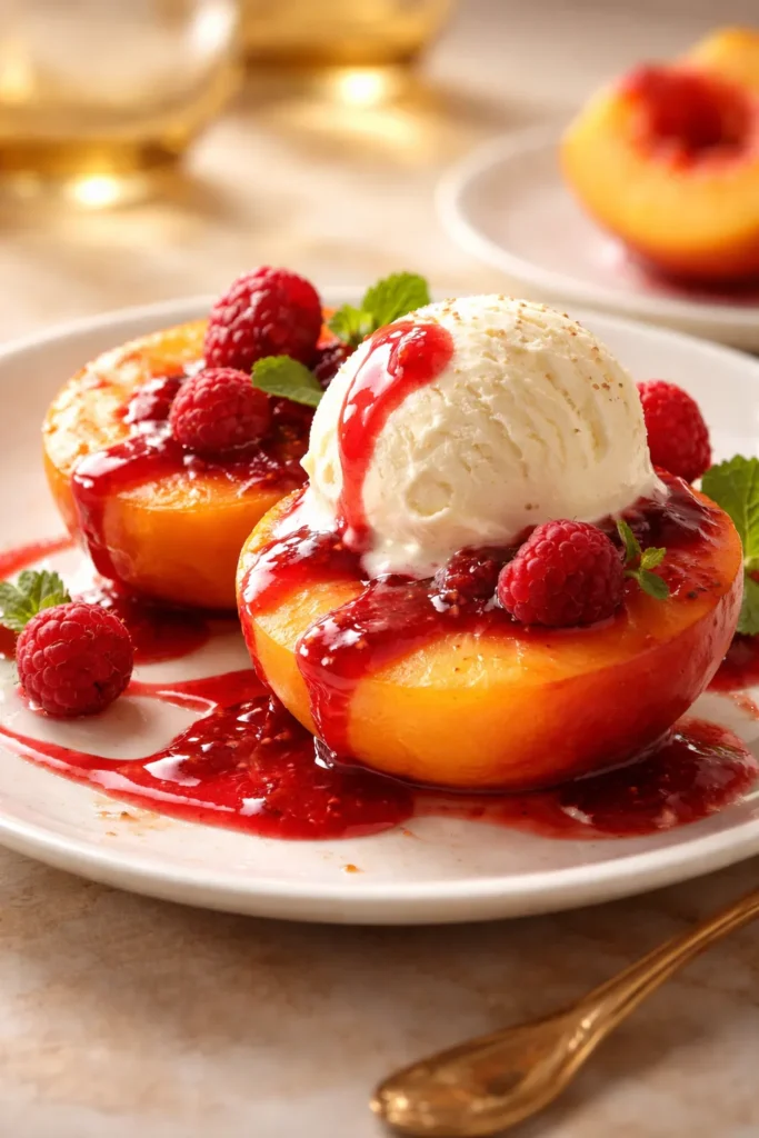 Poached peaches with vanilla ice cream and raspberry sauce on a plate