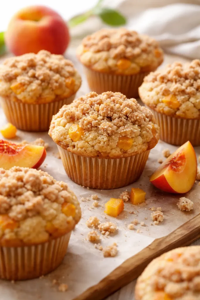 Peach muffins with streusel topping on a baking sheet
